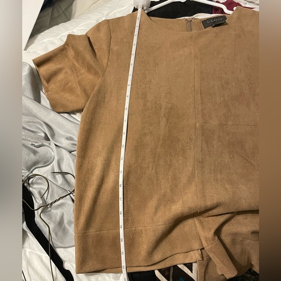 Gracia Faux Suede Asymmetrical Top Tan Draped Statement Blouse - Picture 6 of 6